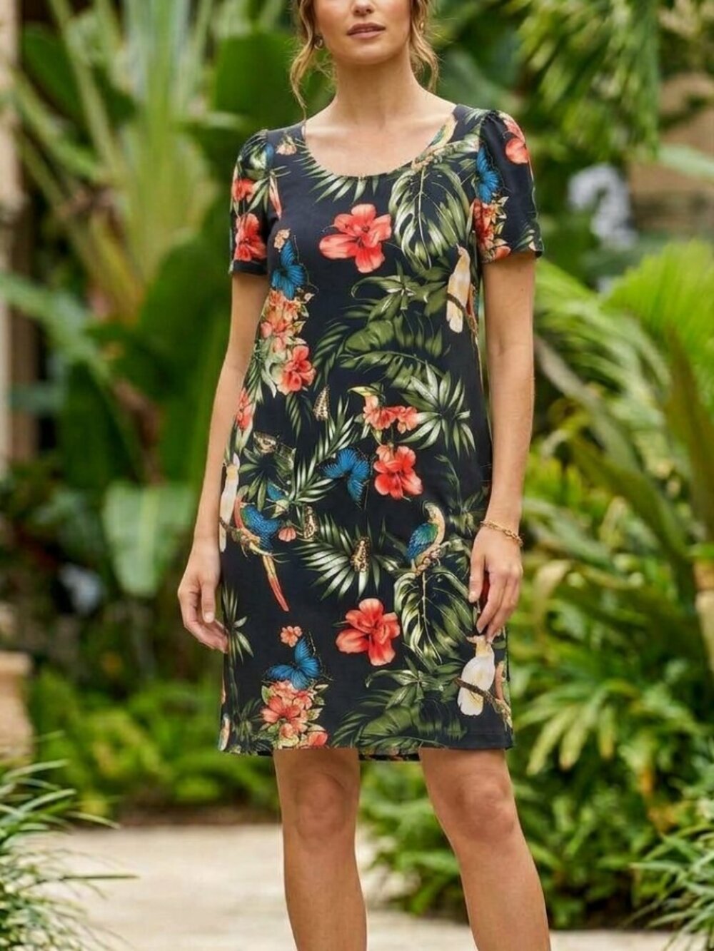 NEW YORK & COMPANY Black Tropical Floral Bird Sheath Dress sz M